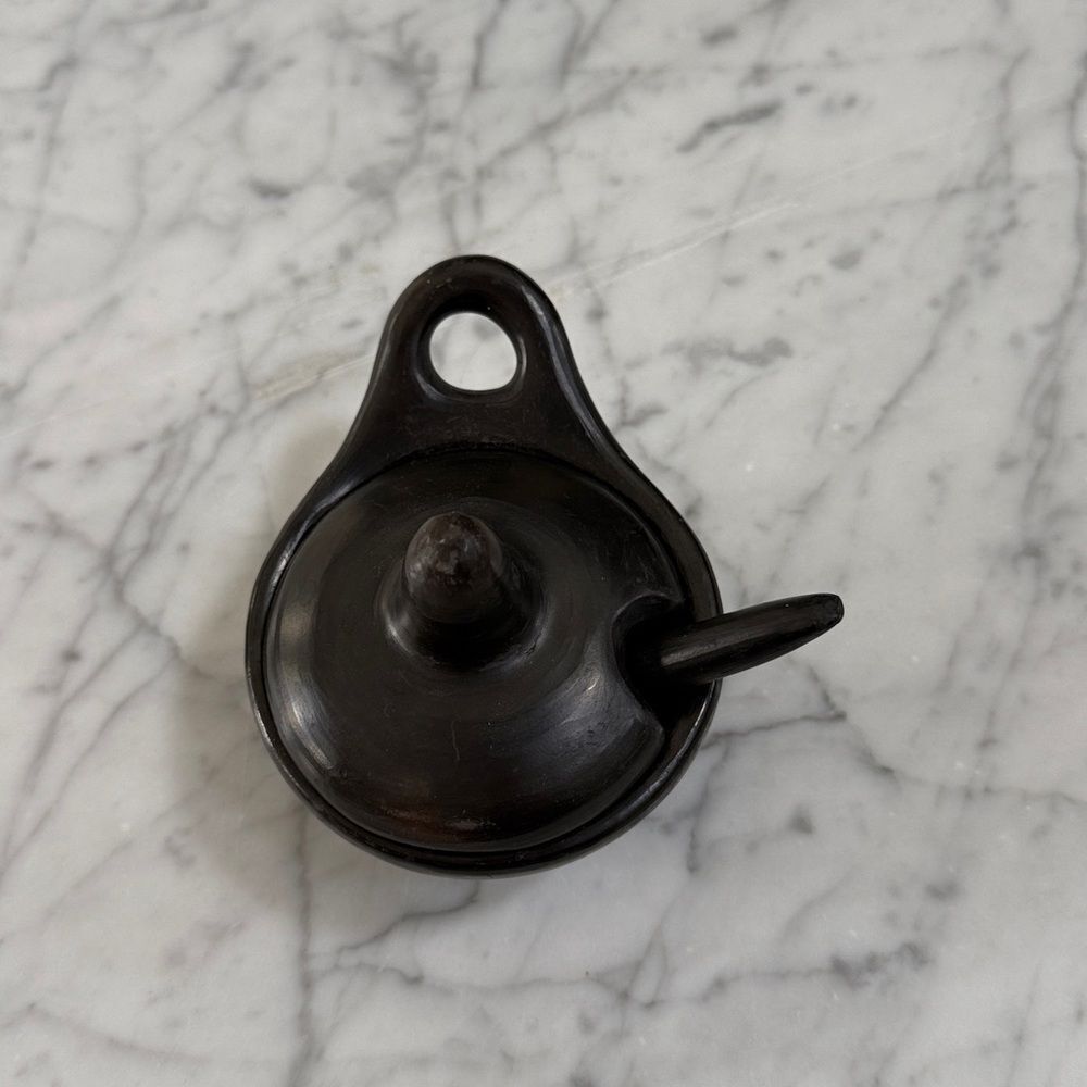 Spice Condiment Holder Black Clay Pot with Spoon